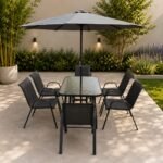 Juego de Jardín Exterior 6 Sillas con Mesa de Vidrio Templado y Sombrilla