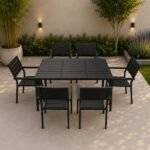 Juego Comedor Exterior 6 Sillas + Mesa Rectangular De Aluminio Negro Premium